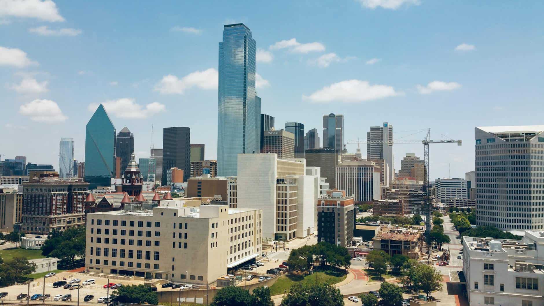 Texas city skyline at golden hour with downtown towers